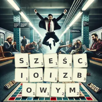 Kreatywna ilustracja do gry w Scrabble ze słowem SZEŚCIOIZBOWYM ułożonym z płytek na planszy.
