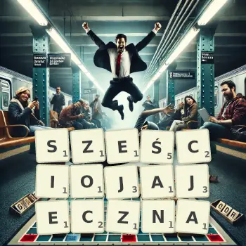 Kreatywna ilustracja do gry w Scrabble ze słowem SZEŚCIOJAJECZNA ułożonym z płytek na planszy.