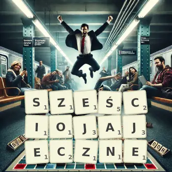 Kreatywna ilustracja do gry w Scrabble ze słowem SZEŚCIOJAJECZNE ułożonym z płytek na planszy.