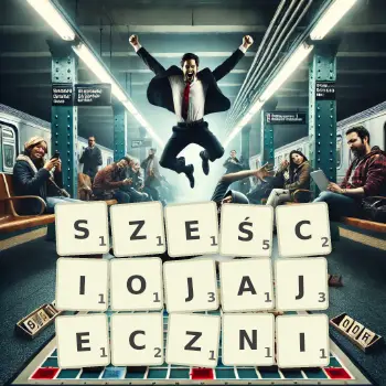 Kreatywna ilustracja do gry w Scrabble ze słowem SZEŚCIOJAJECZNI ułożonym z płytek na planszy.
