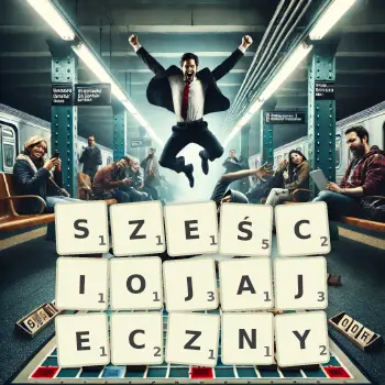 Kreatywna ilustracja do gry w Scrabble ze słowem SZEŚCIOJAJECZNY ułożonym z płytek na planszy.