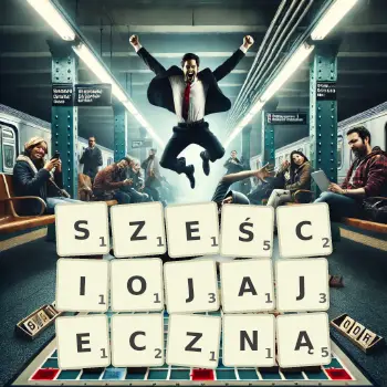 Kreatywna ilustracja do gry w Scrabble ze słowem SZEŚCIOJAJECZNĄ ułożonym z płytek na planszy.