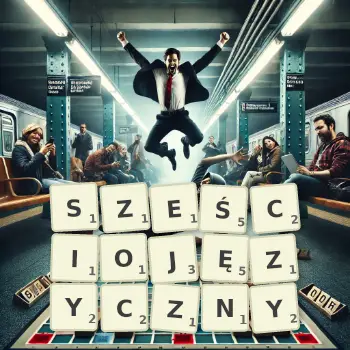 Kreatywna ilustracja do gry w Scrabble ze słowem SZEŚCIOJĘZYCZNY ułożonym z płytek na planszy.