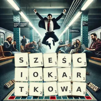 Kreatywna ilustracja do gry w Scrabble ze słowem SZEŚCIOKARTKOWA ułożonym z płytek na planszy.