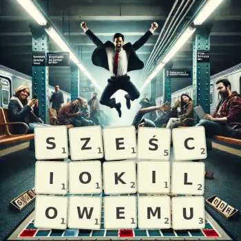 Kreatywna ilustracja do gry w Scrabble ze słowem SZEŚCIOKILOWEMU ułożonym z płytek na planszy.