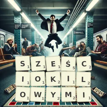 Kreatywna ilustracja do gry w Scrabble ze słowem SZEŚCIOKILOWYMI ułożonym z płytek na planszy.