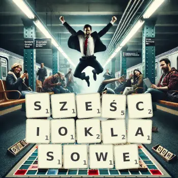 Kreatywna ilustracja do gry w Scrabble ze słowem SZEŚCIOKLASOWE ułożonym z płytek na planszy.