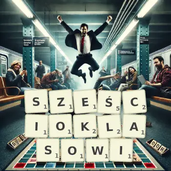 Kreatywna ilustracja do gry w Scrabble ze słowem SZEŚCIOKLASOWI ułożonym z płytek na planszy.