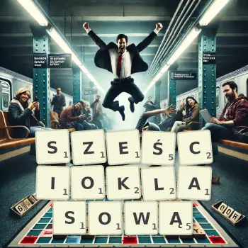 Kreatywna ilustracja do gry w Scrabble ze słowem SZEŚCIOKLASOWĄ ułożonym z płytek na planszy.