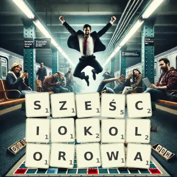 Kreatywna ilustracja do gry w Scrabble ze słowem SZEŚCIOKOLOROWA ułożonym z płytek na planszy.