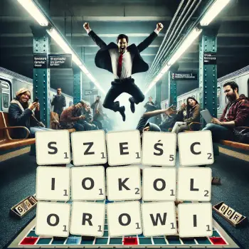 Kreatywna ilustracja do gry w Scrabble ze słowem SZEŚCIOKOLOROWI ułożonym z płytek na planszy.