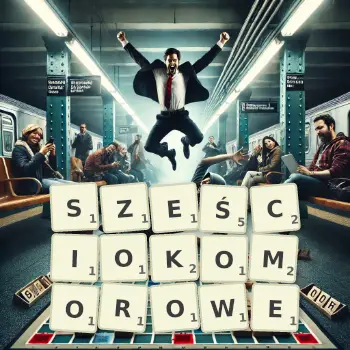 Kreatywna ilustracja do gry w Scrabble ze słowem SZEŚCIOKOMOROWE ułożonym z płytek na planszy.