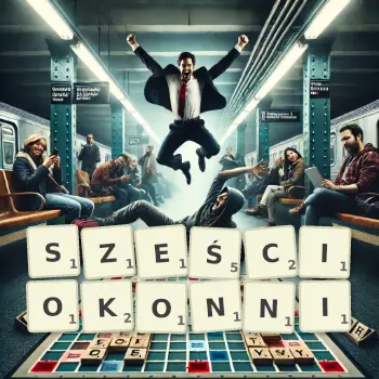 Kreatywna ilustracja do gry w Scrabble ze słowem SZEŚCIOKONNI ułożonym z płytek na planszy.