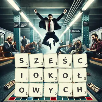 Kreatywna ilustracja do gry w Scrabble ze słowem SZEŚCIOKOŁOWYCH ułożonym z płytek na planszy.