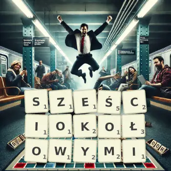Kreatywna ilustracja do gry w Scrabble ze słowem SZEŚCIOKOŁOWYMI ułożonym z płytek na planszy.