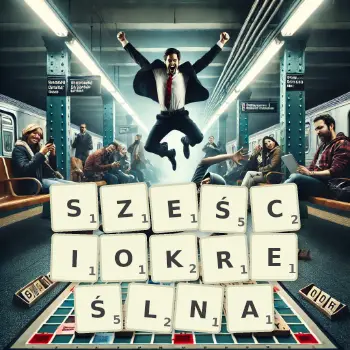 Kreatywna ilustracja do gry w Scrabble ze słowem SZEŚCIOKREŚLNA ułożonym z płytek na planszy.
