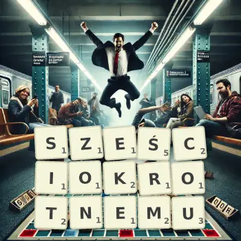 Kreatywna ilustracja do gry w Scrabble ze słowem SZEŚCIOKROTNEMU ułożonym z płytek na planszy.