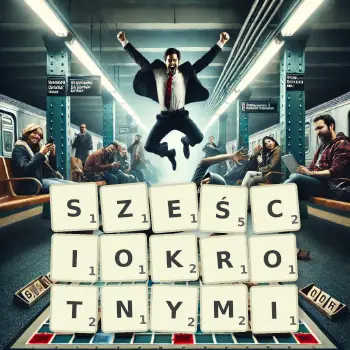 Kreatywna ilustracja do gry w Scrabble ze słowem SZEŚCIOKROTNYMI ułożonym z płytek na planszy.