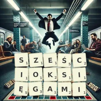 Kreatywna ilustracja do gry w Scrabble ze słowem SZEŚCIOKSIĘGAMI ułożonym z płytek na planszy.