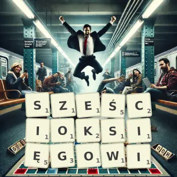 Kreatywna ilustracja do gry w Scrabble ze słowem SZEŚCIOKSIĘGOWI ułożonym z płytek na planszy.