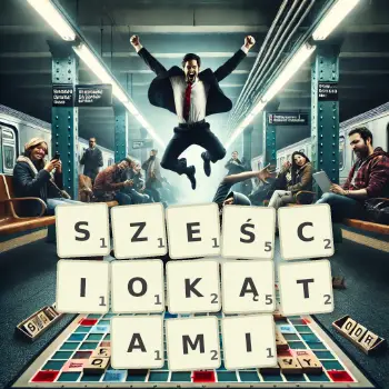Kreatywna ilustracja do gry w Scrabble ze słowem SZEŚCIOKĄTAMI ułożonym z płytek na planszy.