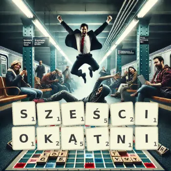 Kreatywna ilustracja do gry w Scrabble ze słowem SZEŚCIOKĄTNI ułożonym z płytek na planszy.