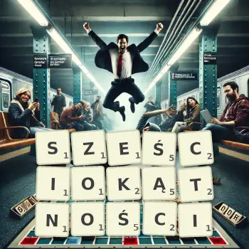 Kreatywna ilustracja do gry w Scrabble ze słowem SZEŚCIOKĄTNOŚCI ułożonym z płytek na planszy.