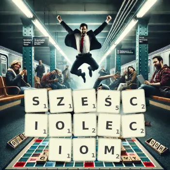 Kreatywna ilustracja do gry w Scrabble ze słowem SZEŚCIOLECIOM ułożonym z płytek na planszy.