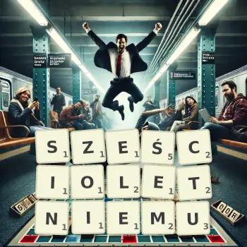 Kreatywna ilustracja do gry w Scrabble ze słowem SZEŚCIOLETNIEMU ułożonym z płytek na planszy.