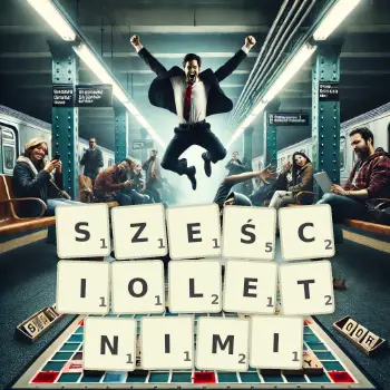 Kreatywna ilustracja do gry w Scrabble ze słowem SZEŚCIOLETNIMI ułożonym z płytek na planszy.