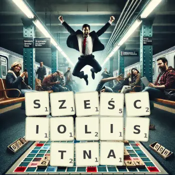 Kreatywna ilustracja do gry w Scrabble ze słowem SZEŚCIOLISTNA ułożonym z płytek na planszy.