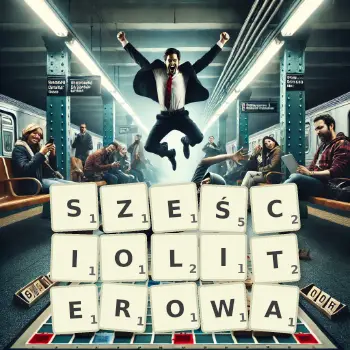 Kreatywna ilustracja do gry w Scrabble ze słowem SZEŚCIOLITEROWA ułożonym z płytek na planszy.