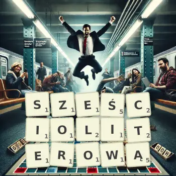 Kreatywna ilustracja do gry w Scrabble ze słowem SZEŚCIOLITEROWĄ ułożonym z płytek na planszy.