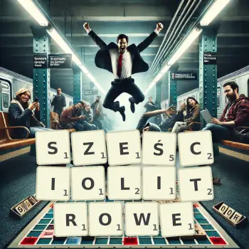 Kreatywna ilustracja do gry w Scrabble ze słowem SZEŚCIOLITROWE ułożonym z płytek na planszy.