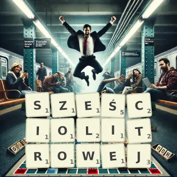 Kreatywna ilustracja do gry w Scrabble ze słowem SZEŚCIOLITROWEJ ułożonym z płytek na planszy.