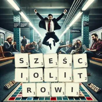 Kreatywna ilustracja do gry w Scrabble ze słowem SZEŚCIOLITROWI ułożonym z płytek na planszy.