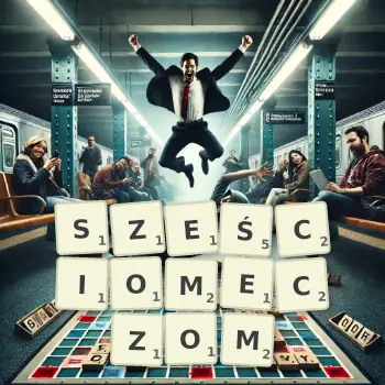 Kreatywna ilustracja do gry w Scrabble ze słowem SZEŚCIOMECZOM ułożonym z płytek na planszy.