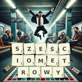 Kreatywna ilustracja do gry w Scrabble ze słowem SZEŚCIOMETROWY ułożonym z płytek na planszy.