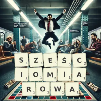 Kreatywna ilustracja do gry w Scrabble ze słowem SZEŚCIOMIAROWA ułożonym z płytek na planszy.