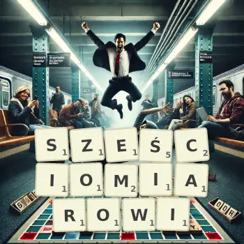 Kreatywna ilustracja do gry w Scrabble ze słowem SZEŚCIOMIAROWI ułożonym z płytek na planszy.