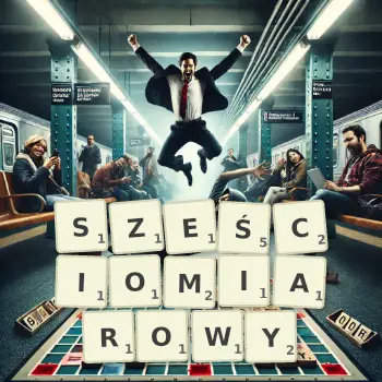 Kreatywna ilustracja do gry w Scrabble ze słowem SZEŚCIOMIAROWY ułożonym z płytek na planszy.