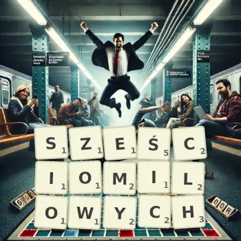 Kreatywna ilustracja do gry w Scrabble ze słowem SZEŚCIOMILOWYCH ułożonym z płytek na planszy.