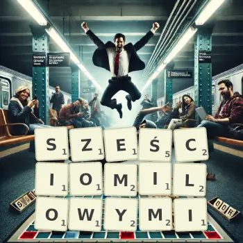 Kreatywna ilustracja do gry w Scrabble ze słowem SZEŚCIOMILOWYMI ułożonym z płytek na planszy.