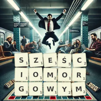 Kreatywna ilustracja do gry w Scrabble ze słowem SZEŚCIOMORGOWYM ułożonym z płytek na planszy.