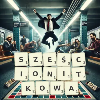 Kreatywna ilustracja do gry w Scrabble ze słowem SZEŚCIONITKOWA ułożonym z płytek na planszy.