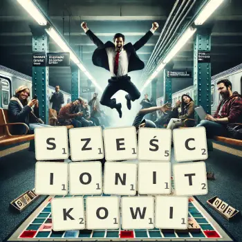 Kreatywna ilustracja do gry w Scrabble ze słowem SZEŚCIONITKOWI ułożonym z płytek na planszy.