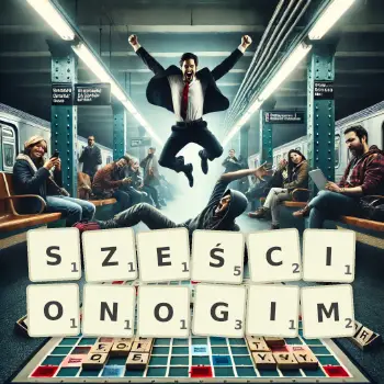 Kreatywna ilustracja do gry w Scrabble ze słowem SZEŚCIONOGIM ułożonym z płytek na planszy.