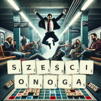 Kreatywna ilustracja do gry w Scrabble ze słowem SZEŚCIONOGĄ ułożonym z płytek na planszy.