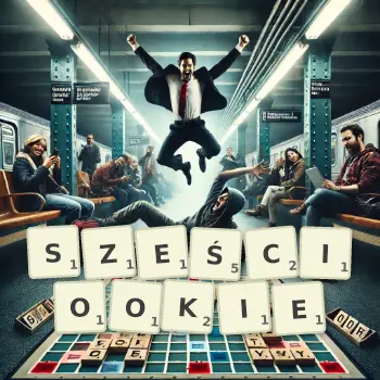 Kreatywna ilustracja do gry w Scrabble ze słowem SZEŚCIOOKIE ułożonym z płytek na planszy.