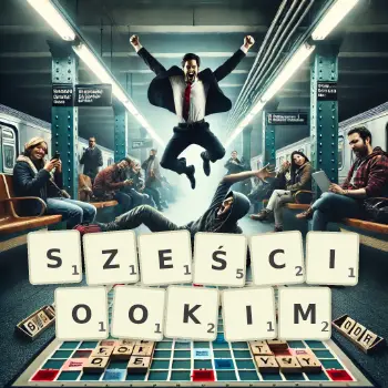 Kreatywna ilustracja do gry w Scrabble ze słowem SZEŚCIOOKIM ułożonym z płytek na planszy.